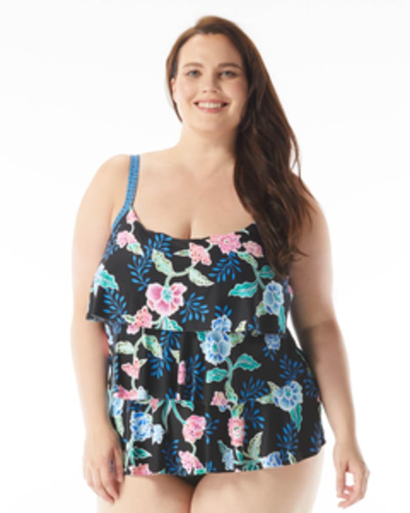 Front of a model wearing a size 16W Jane Ruffle Tankini Top in BLACK MLT by Beach House Woman. | dia_product_style_image_id:269163